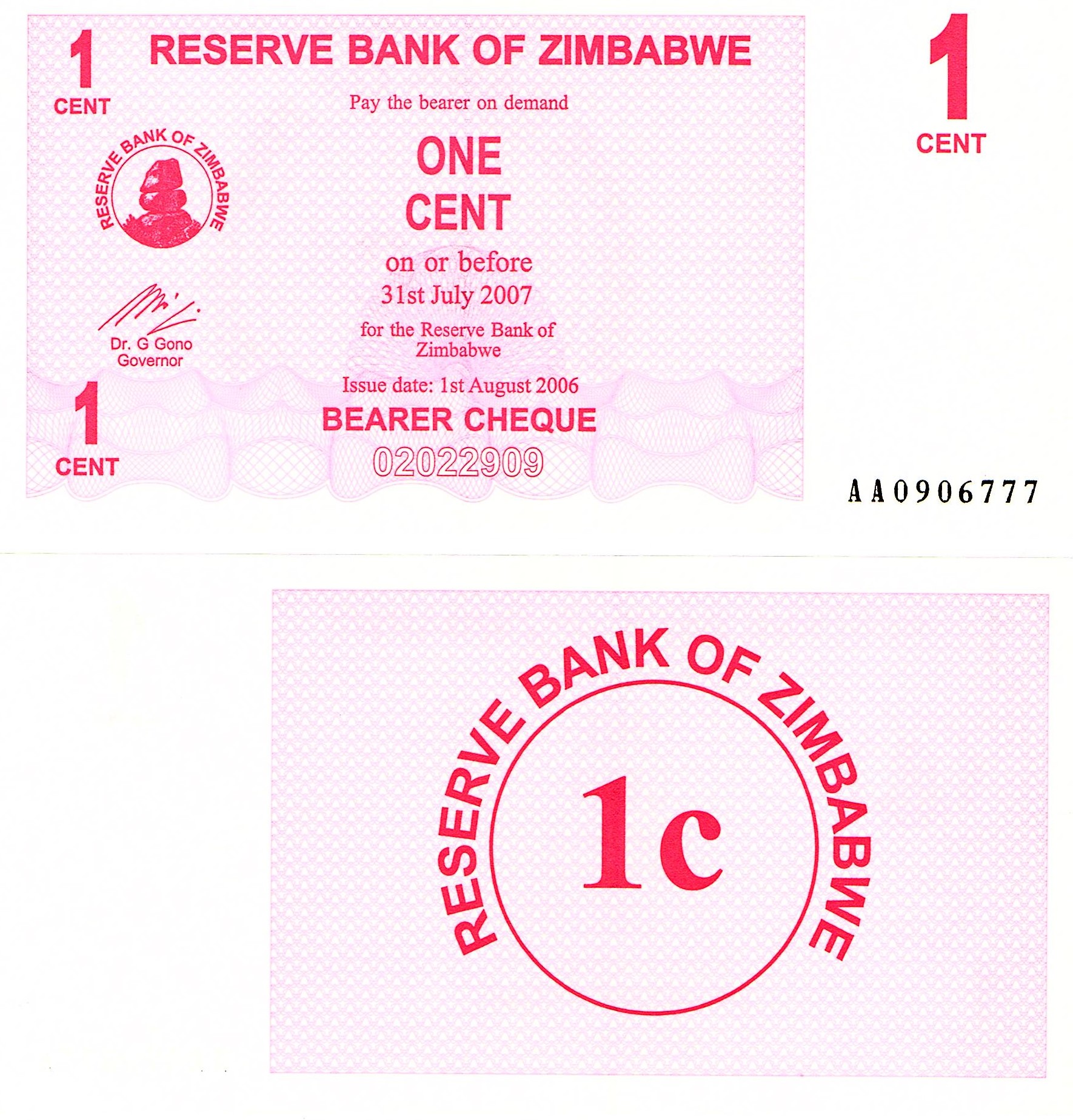 Zimbabwe #33 1 Cent (AA Prefix)